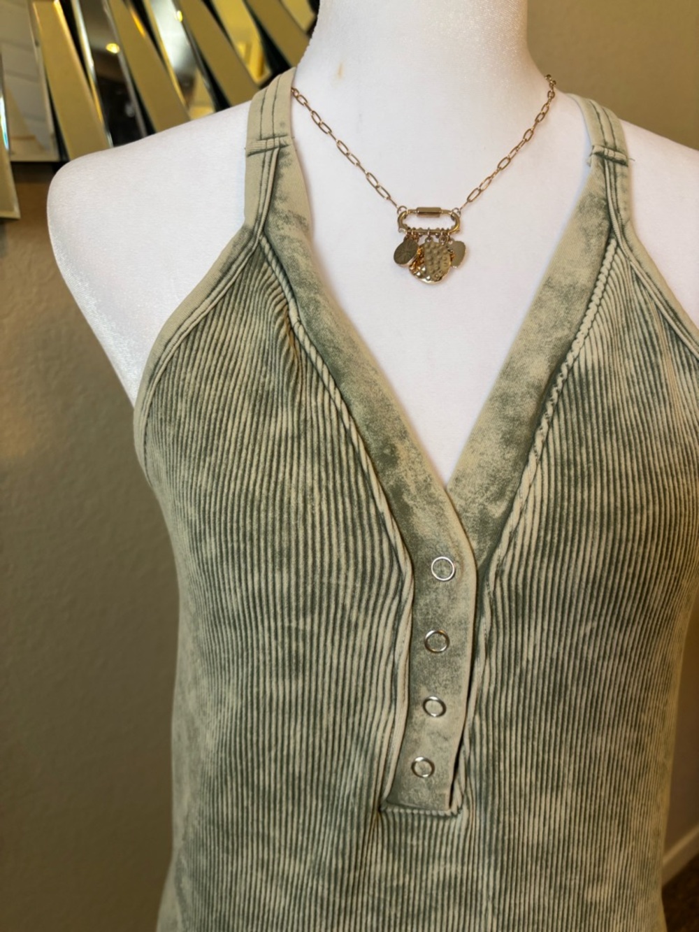 Salt Life Olive Ribbed Henley Racerback Tank Top - Picture 2 of 4